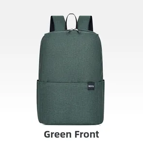 Detailed front view of green lightweight backpack showing ripstop texture and front pocket