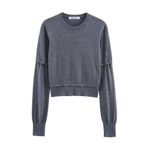 Pull En Maille Col Rond Femmes Avec Boutons Décoratifs Style Déconstruit Manches Longues Polyester Acrylique Casual