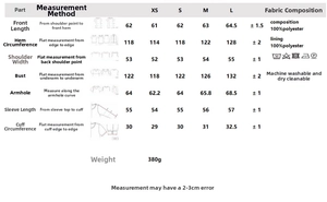 Detailed size chart for women waterproof cotton padded jacket showing XS to L dimensions