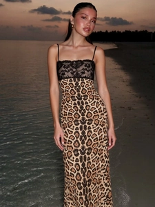 Elegant leopard print midi dress with black lace trim and straps for evening beach resort