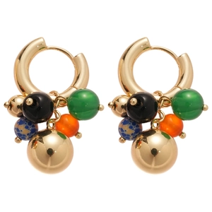 Vintage gold hoop earrings with colorful grape cluster beads and stone charms on white background