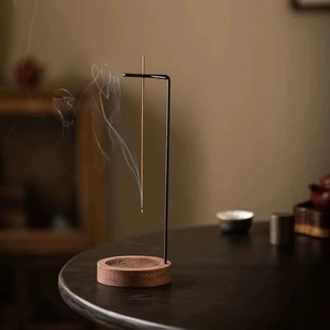 Upside Down Incense Burner Wood Base Metal Holder Ash Catcher Zen Modern Aroma Diffuser Home Decor Minimalist Ornament
