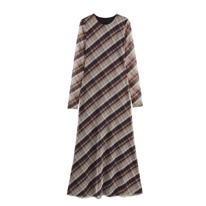 Vintage Plaid Netz Maxi Kleid Rundhalsausschnitt Langarm Slim Fit Französischer Stil Elegantes Hohe Taille Langes Kleid