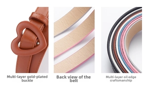 Detail of heart-shaped metal buckle and edge oil sealing on a slim leather belt