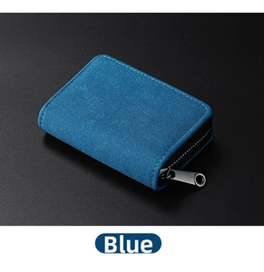 Close-up of blue suede card holder with detailed white stitching and metal zipper