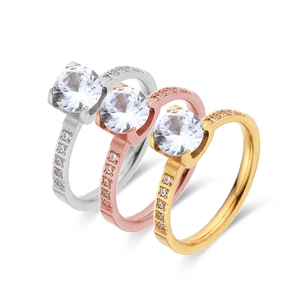 Classic Stainless Steel Ring With Round Cubic Zirconia And Side Row Accents Minimalist Fashion Jewelry For Women