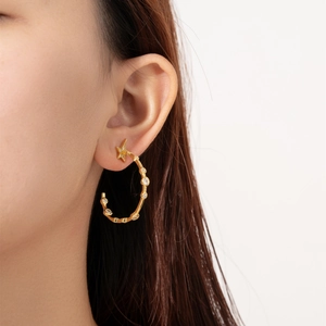 Chic gold C-shaped hoop earrings with star stud and sparkling crystals for women