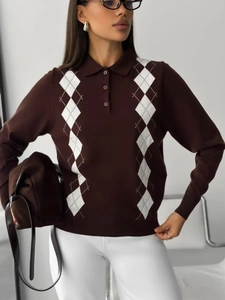 Detail view of brown waffle knit Polo sweater with diamond pattern and classic collar