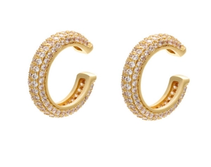 Minimalist gold C-shaped ear cuffs with multi-row pave crystal stones for non-pierced ears