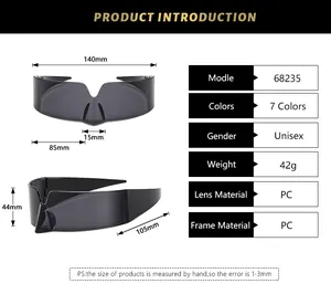 Detailed size chart for futuristic shield sunglasses with 140mm width and 105mm temples