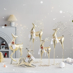 Christmas Reindeer Ornament Iron Metal Plastic Tabletop Deer Figurine Scarf Pine Cone Home Desktop Decoration Xmas Party
