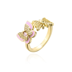 Detailed macro view of 18K gold butterfly open ring with pink enamel and white zircon