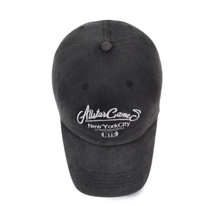 Vintage washed black baseball cap with embroidered NYC Allstar Game text in a top-down view
