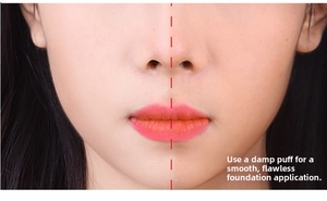 Detail view of fine foundation finish using a damp triangular makeup sponge for smooth skin