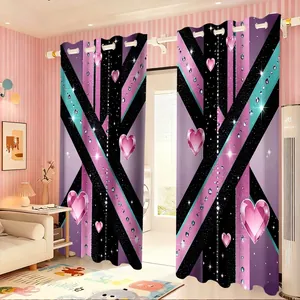 Elegant purple heart print velvet blackout curtains with metal grommets in a bedroom