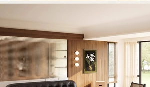 Modern living room detail with round white wall lamps and black leather sofa