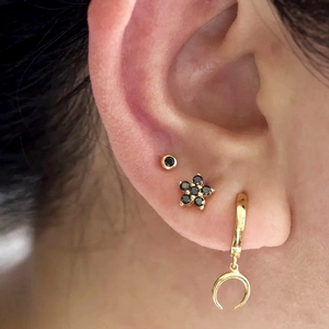 Detailed close-up of gold ear studs with black zircon and a crescent moon pendant
