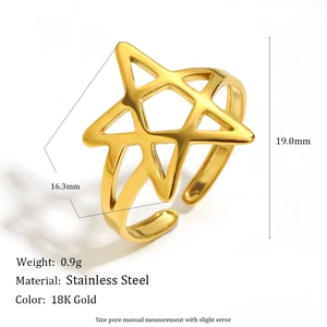 Polished 18K gold-plated stainless steel open ring with a hollow star-shaped design