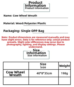Size chart detail showing dimensions of 40x8x35cm for cow wagon wheel wreath decoration