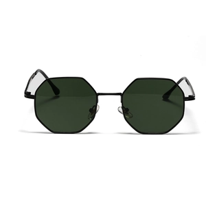 Retro polygonal sunglasses with black metal frame and dark green lenses for men