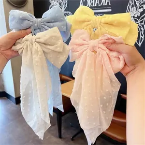 Polka dot oversized chiffon bow hair clip with long ribbons in four pastel colors