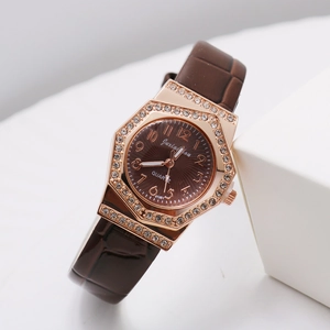 Women's rose gold octagonal watch with crystal bezel and brown leather strap