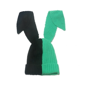 Winter contrast knit beanie with long bunny ears in black and bright green panels
