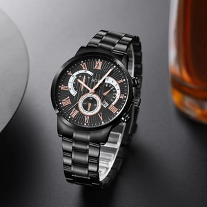 SOKI men's casual business watch with black metal strap and rose gold multi-dial design