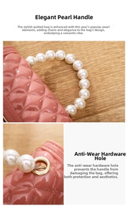 Detail of pink quilted jelly bag featuring faux pearl handle and gold metal grommets