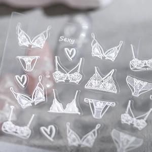 Stickers nail art relief blanc motif dentelle lingerie et cœur avec texte sexy