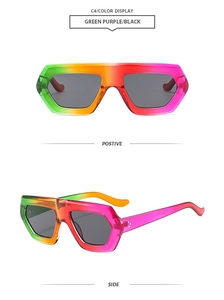 Detailansicht der klobigen unregelmäßigen Sonnenbrille mit Farbverlauf und dunklen Gläsern