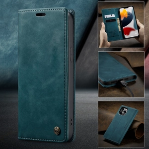 Detail view of dark green PU leather flip wallet case with card slots and stitching
