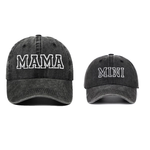 Detail of MAMA and MINI embroidery on washed cotton baseball caps for parent and child