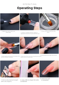 Step-by-step application guide for 15ml nail extension gel with tools and instructions