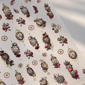 Holographic Nail Art Stickers Vintage Clock Gear Rose Patterns Retro Steampunk DIY Manicure Decals Self Adhesive