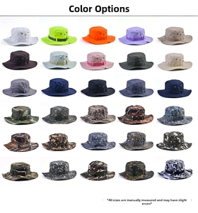 Grid view of 30 reversible bucket hats showing various solid colors and camo patterns
