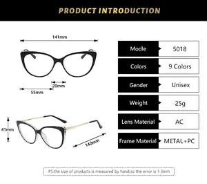 Size chart for cat-eye glasses frame with 141mm width and 140mm metal temples