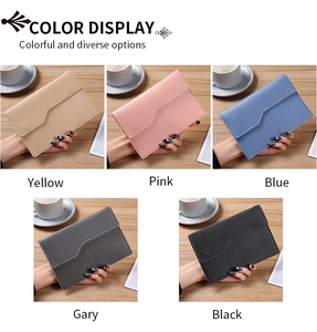 Color options of PU leather passport covers in yellow, pink, blue, grey, and black