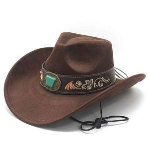 Chapeau de cowboy marron foncé en feutre avec pierre turquoise et broderie de plumes