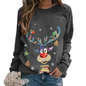 Women's dark grey Christmas reindeer print long sleeve crewneck casual sweatshirt