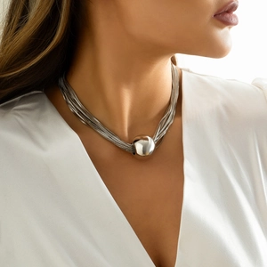 Detail of silver multi-layer chain necklace featuring a large polished sphere pendant