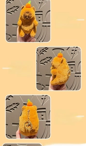 Detail view showing the front, side, and back of the plush capybara keychain with orange