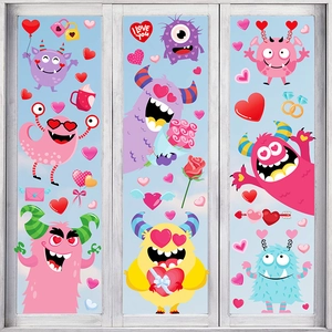 Cute monster Valentine's window stickers with hearts and roses on white window frames