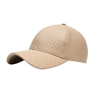 Stylish beige PU leather baseball cap with quilted diamond pattern and curved brim