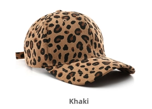 Close-up of khaki leopard print corduroy baseball cap texture and curved brim detail