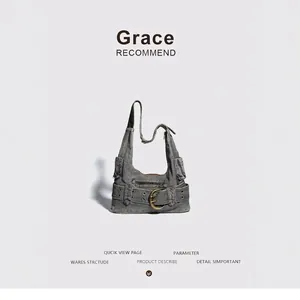Retro washed denim shoulder bag with vintage metal buckle and industrial Y2K style design