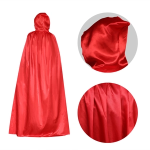 Vibrant red hooded satin cloak for Halloween costumes featuring full back and detail views