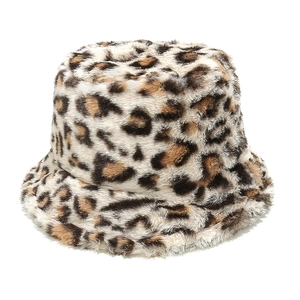 Detailed close-up of thick plush faux fur texture on leopard print winter bucket hat