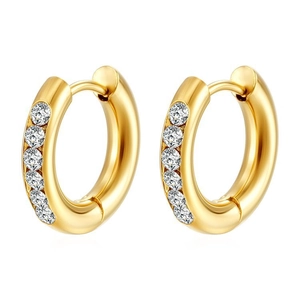 Close-up of gold-plated hoop earrings featuring six inlaid round cubic zirconia stones