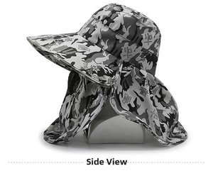 Side view of camouflage outdoor sun hat with protective neck flap and wide brim detail